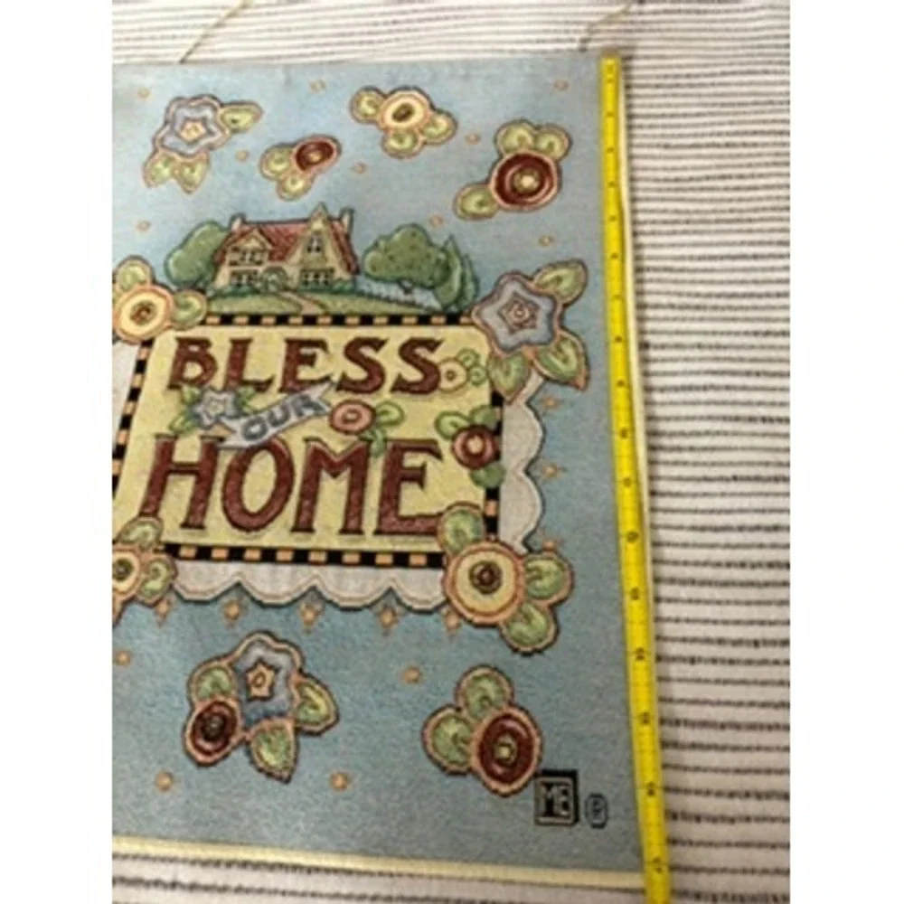 Bless Our Home Woven Tapestry Wall Hanging Cottage Floral Blue 9x12 Granny